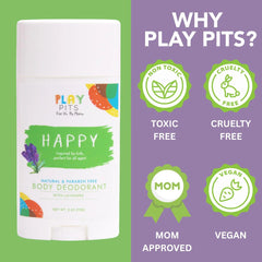 PLAY PITS - Kids Deodorant for Girls & Boys - Natural - Aluminum-Salt Free - Safe for Sensitive Skin - HAPPY is Infused w/Lavender Essential Oils - Non-Toxic & Paraben Free - 2.65oz - 2pk