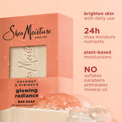 SheaMoisture Bar Soap Coconut and Hibiscus 4 Count Glowing Radiance Glowing Radiance bar soap with 24h shea moisture nutrients for Healthy, Glowing Skin 8 oz